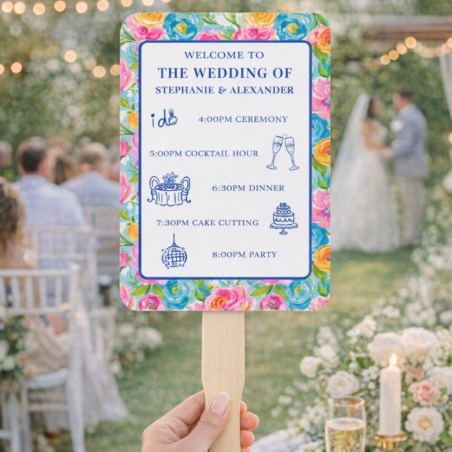 Modern Bold Bright Colourful Floral Wedding Progra Hand Fan (Creator Uploaded)