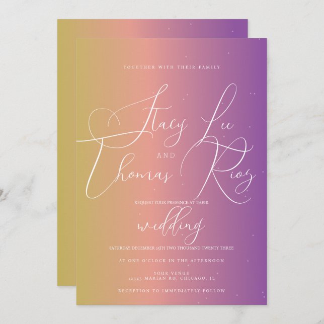 Modern Bold Bright Ombre Purple Script Wedding   Invitation (Front/Back)