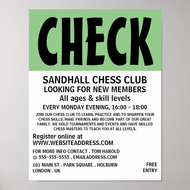 Modern Bold, Chess Club Advertising Poster (Front)