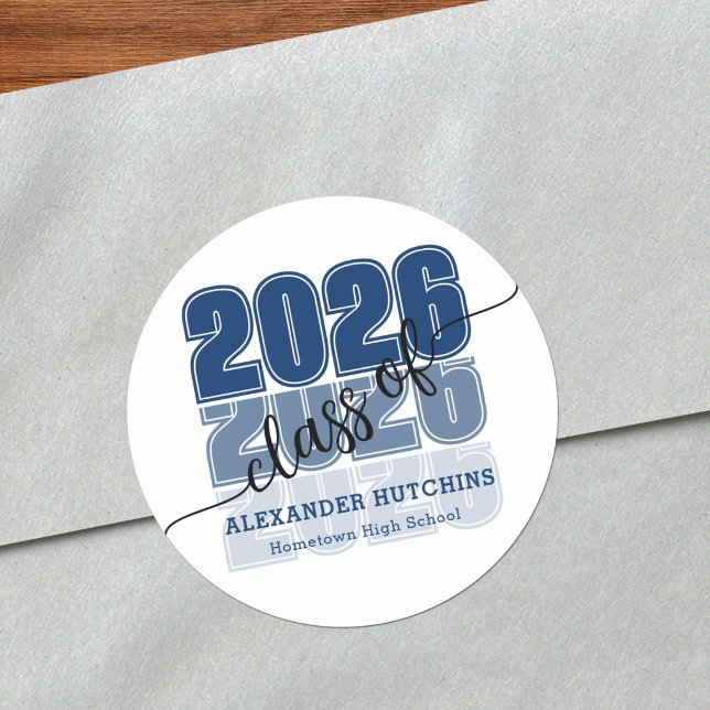 Modern Bold Class 2026 Navy Blue Graduation Classic Round Sticker (Creator Uploaded)