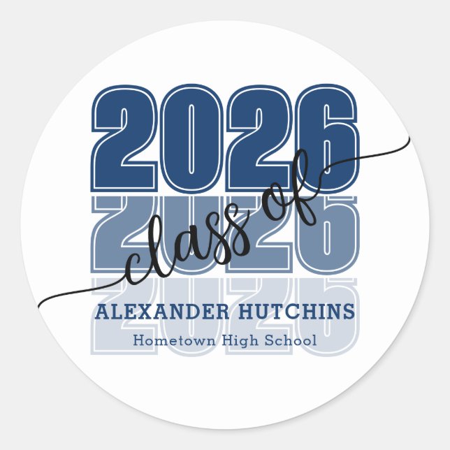 Modern Bold Class 2026 Navy Blue Graduation Classic Round Sticker (Front)