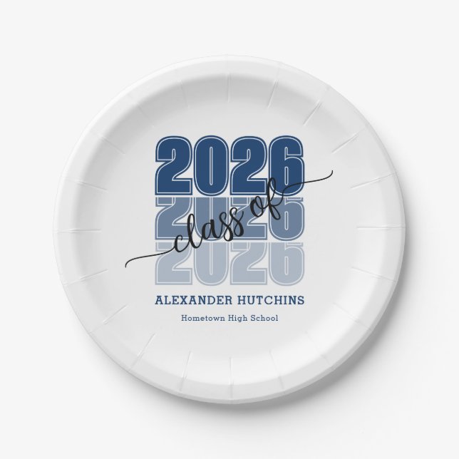 Modern Bold Class 2026 Navy Blue Graduation Party Paper Plate (Front)