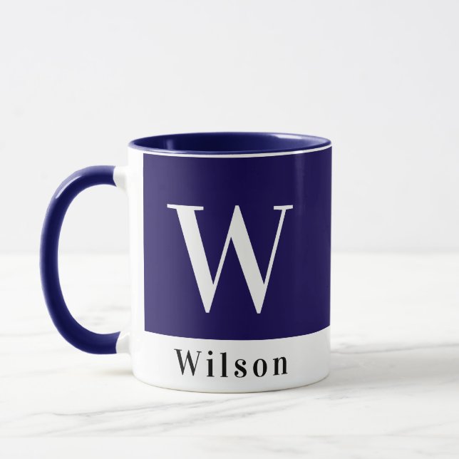 Modern bold colorblock navy blue personalised name mug (Left)