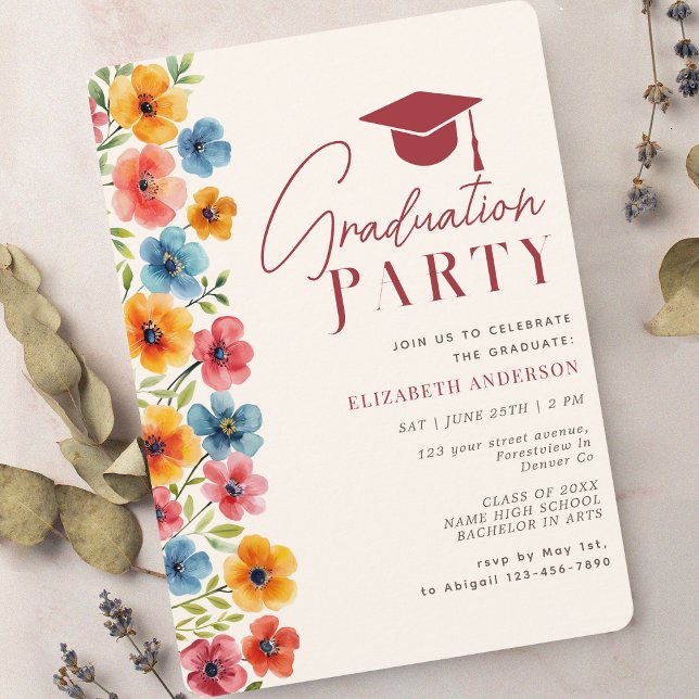 Modern Bold Colourful Floral Watercolor Graduation Invitation (Creator Uploaded)