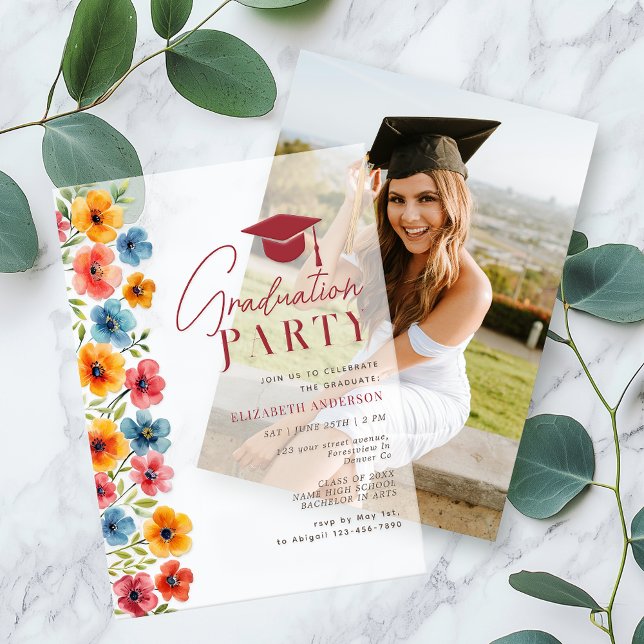 Modern Bold Colourful Floral Watercolor Graduation Vellum Invitations (Creator Uploaded)