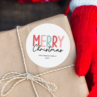 Modern Bold Colourful Merry Christmas Family Name Classic Round Sticker