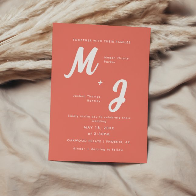 Modern Bold Coral Pink Monogram Wedding  Invitation (Creator Uploaded)