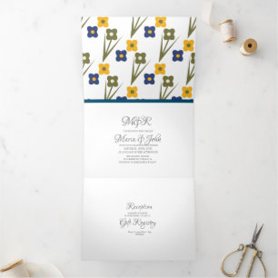 Modern Bold Dainty Florals Blue Yellow Wedding Tri-Fold Invitation