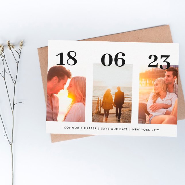 Modern BOLD DATE Three Photo QR CODE Save The Date (Creator Uploaded)