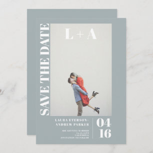 Modern bold dusty blue initial photo save the date