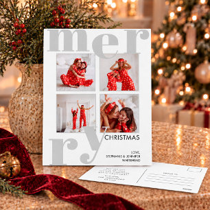 Modern Bold Dusty Blue Typography 4 Photo Merry Holiday Postcard