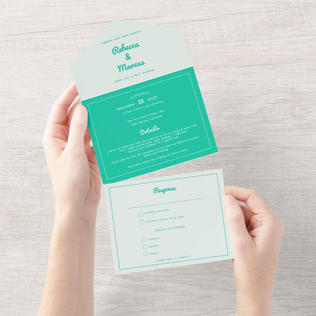 Modern Bold Emerald Mint Green Retro Vibes Wedding All In One Invitation (Tearaway)