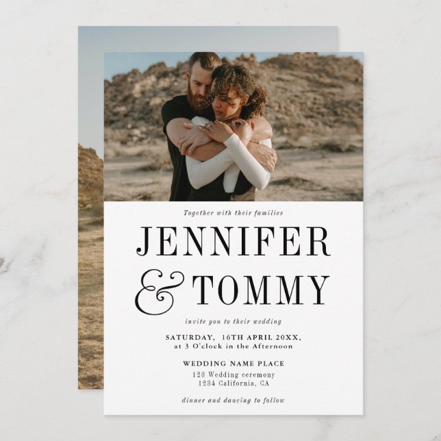 Modern bold fall black white photo wedding invitation (Front/Back)