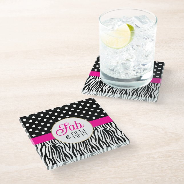 Modern Bold Fifty & Fabulous 50th Birthday Glass Coaster (Angled)