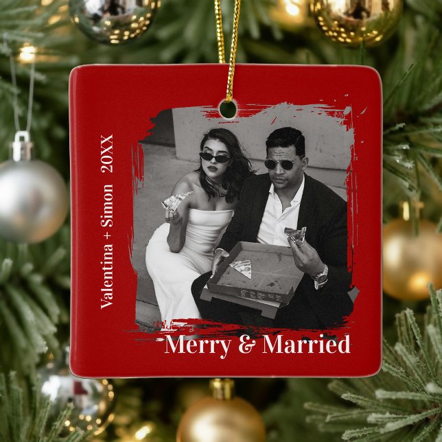 Modern Bold First Christmas Merry and Married Ceramic Ornament (Creator Uploaded)