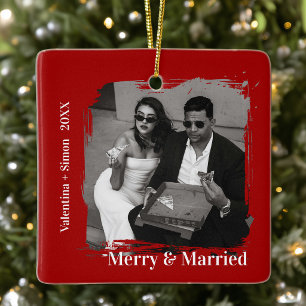 Modern Bold First Christmas Merry and Married Ceramic Ornament