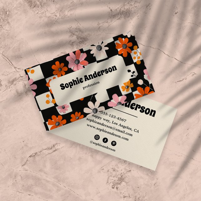 Modern Bold Floral Checkered Business Card (Creator Uploaded)
