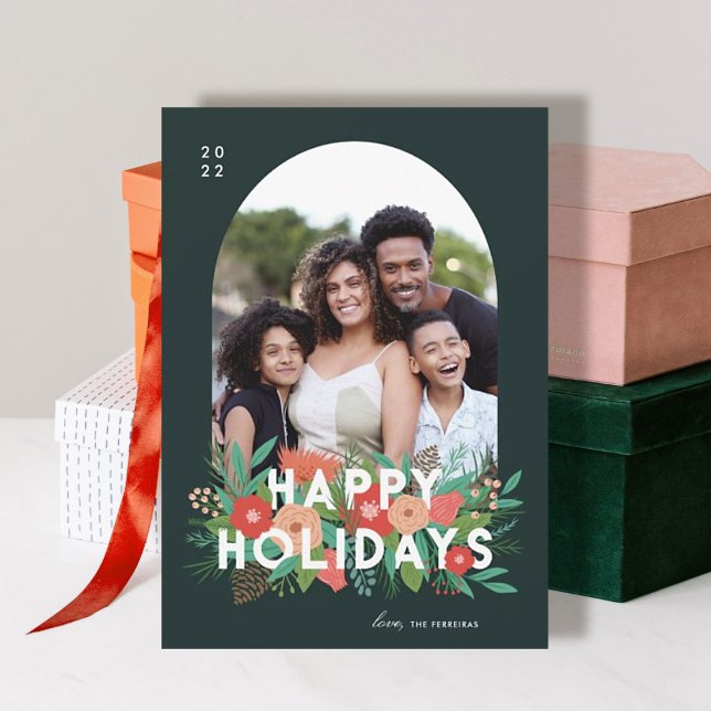 Modern Bold Floral Happy Holidays Arch Photo Holiday Card (Creator Uploaded)