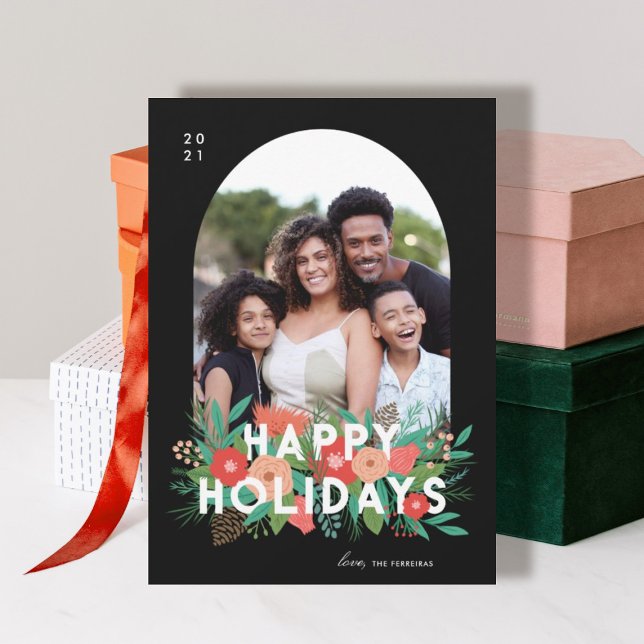 Modern Bold Floral Happy Holidays Arch Photo Holiday Card (Creator Uploaded)