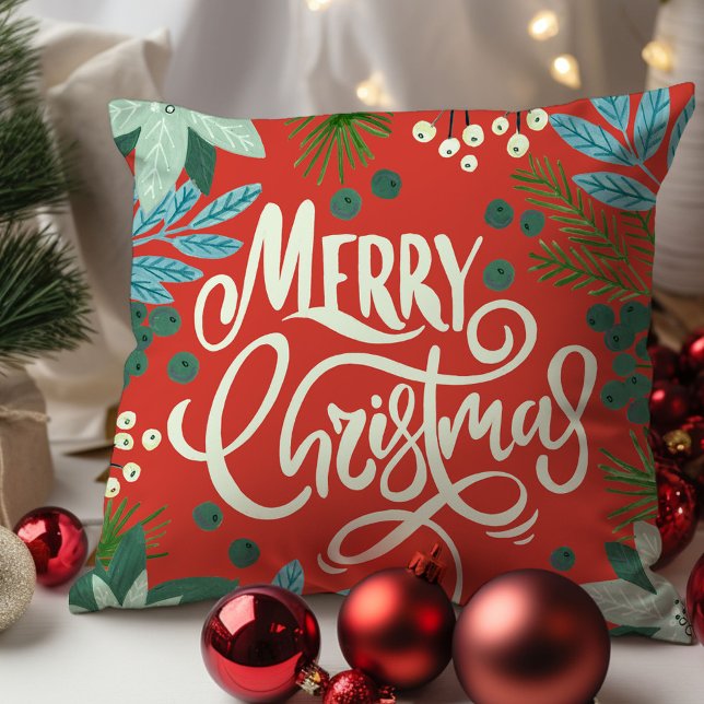 Modern Bold Floral Merry Christmas  Cushion (Modern Bold Floral Merry Christmas Throw Pillow)