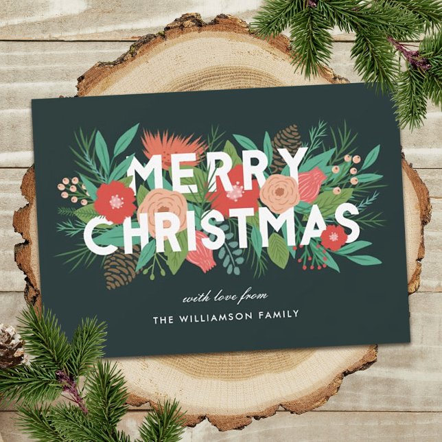 Modern Bold Floral Merry Christmas Family Name Holiday Card (Creator Uploaded)