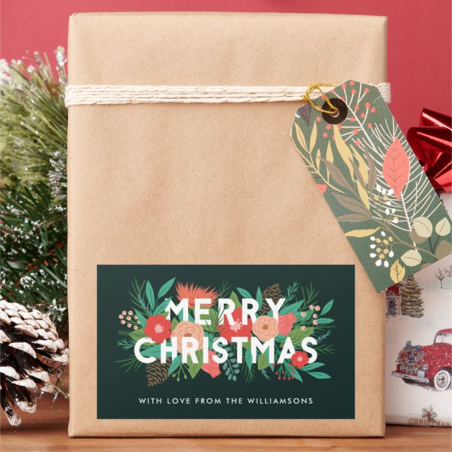 Modern Bold Floral Merry Christmas Name Green Rectangular Sticker (Holiday)