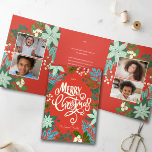 Modern Bold Floral Merry Christmas Photo Tri-Fold Holiday Card