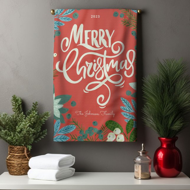 Modern Bold Floral Merry Christmas  Tea Towel (Modern Bold Floral Merry Christmas Kitchen Towel)