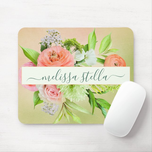 Modern Bold Floral Pink Green | Girly Gift Mouse Pad (With Mouse)