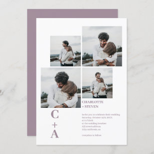 Modern bold font lavender 4 photos grid wedding invitation