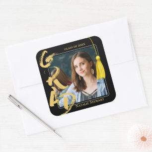 Modern Bold Font Photo Graduation Tassel Square Square Sticker