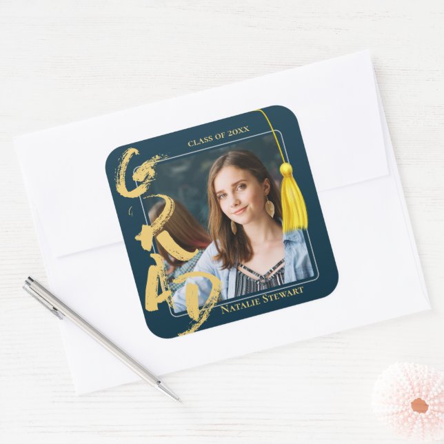 Modern Bold Font Photo Graduation Tassel Square Sticker (Envelope)