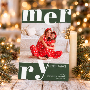 Modern Bold Forest Green Photo Merry Christmas Holiday Card