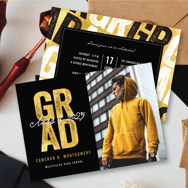 Modern Bold Gold GRAD Stylish Photo Graduation Announcement (Modern Bold Golden Faux Foil GRAD Stylish Photo Graduation Announcement @ zazzle.com/color_therapy)