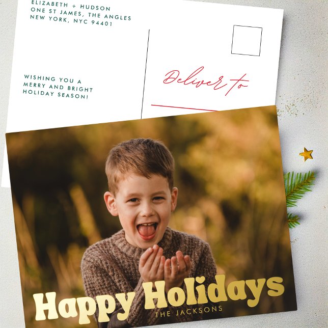 modern bold gold Happy Holidays photo christmas Foil Holiday Postcard (Creator Uploaded)