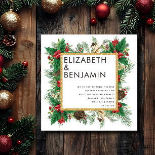 Modern Bold Gold Pine Qr Code Christmas Wedding Invitation