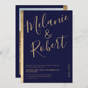 Modern bold gold stripe navy blue wedding photo invitation