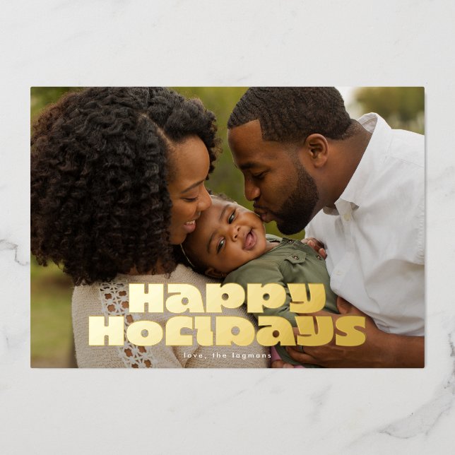 Modern Bold Gold Typography Photo Christmas Happy (Front)