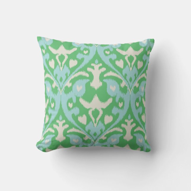 Modern bold green blue ikat tribal pattern cushion (Front)