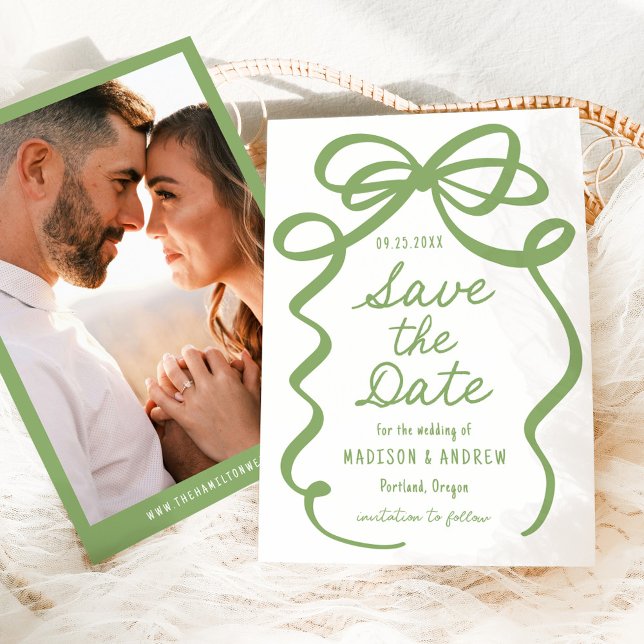 Modern Bold Green Bow Photo Wedding Save The Date (Creator Uploaded)