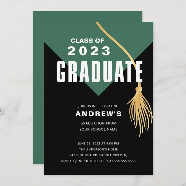 Modern Bold Green Cap Graduation Invitation (Front/Back)