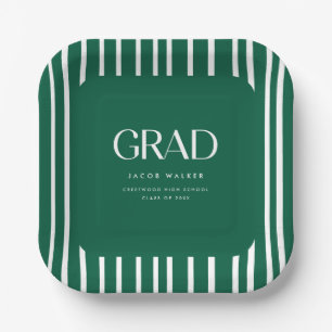 Modern Bold Green Striped Pattern Graduation Party Paper Plate