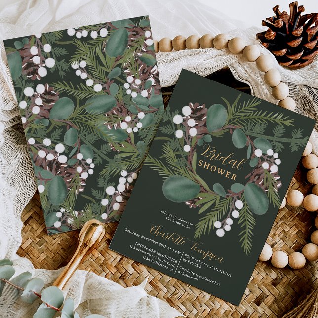 Modern Bold green wreath winter bridal shower Invitation (Modern Bold green wreath winter bridal shower Invitation on deep green)