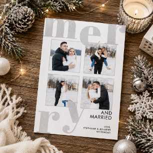 Modern Bold Grey 4 Photo Merry and Married Holiday Card