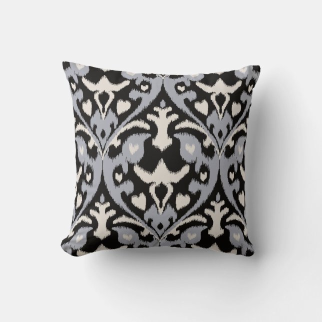 Modern bold grey black ikat tribal pattern cushion (Front)