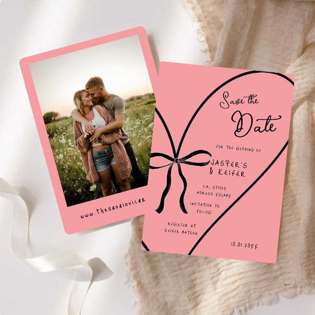 Modern Bold Heart Bow Photo Wedding Save The Date Invitation (Creator Uploaded)