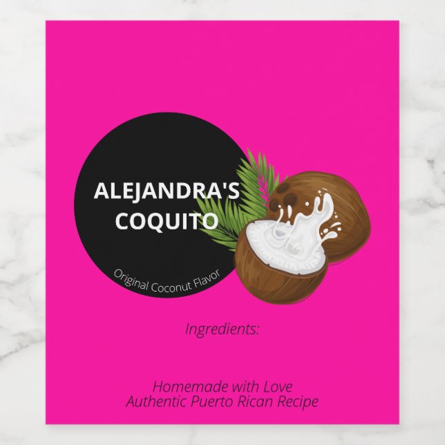 Modern Bold Hot Pink Coconut Coquito Bottle Wine Label (Single Label)