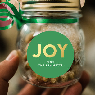 Modern Bold JOY Faux Foil Personalised Christmas Classic Round Sticker