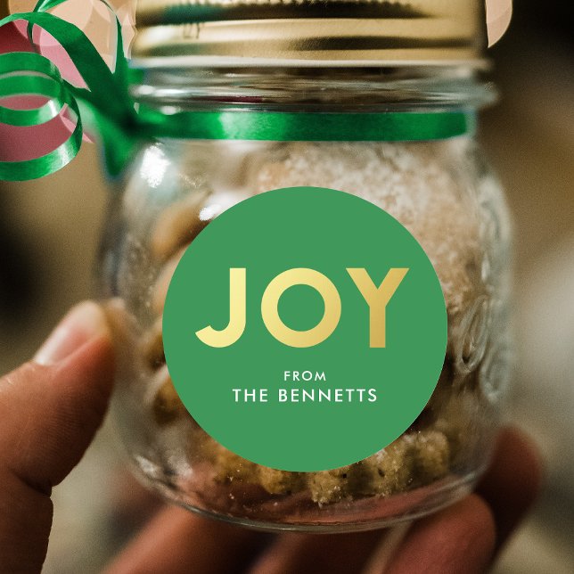 Modern Bold JOY Faux Foil Personalised Christmas Classic Round Sticker (Creator Uploaded)