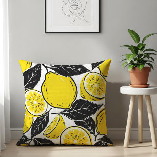 Modern Bold Lemon & Black Leaves Seamless Pattern Cushion